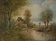 unknow artist, Landscape with cows, small farm and windmill